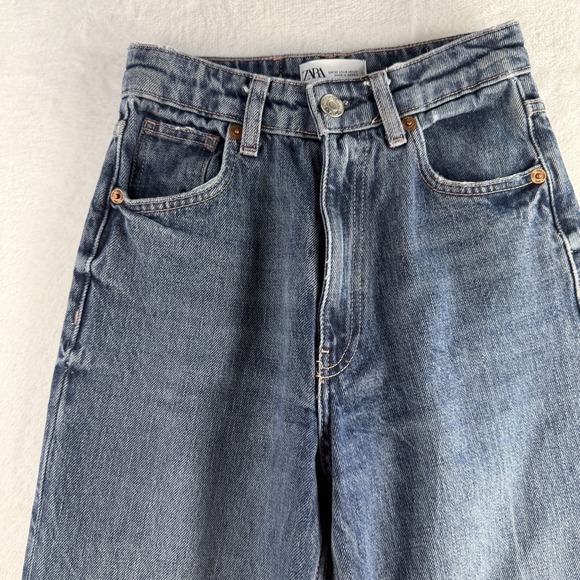 Zara Sz 0 Jeans Wide Leg Raw Hem High Waisted Rise Light Wash Women's Baggy - Picture 5 of 13
